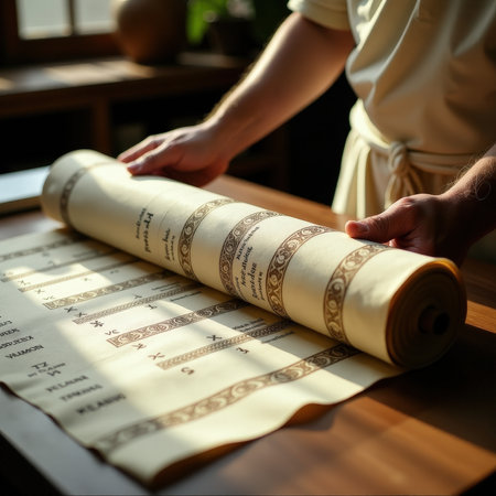 Young caucasian male inspecting ancient scroll in sunlit room.の素材
