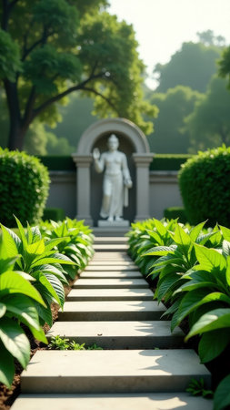 Serene garden path leading to buddha statue in lush greenery.の素材
