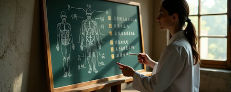 Female asian young adult teaching anatomy on chalkboard in sunlit classroom.の素材