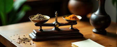 Vintage balance scale with spice weights on wooden table.の素材