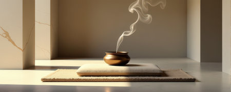 Tranquil meditation space with aromatic pot and soothing sunlight.の素材