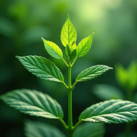 Close-up of vibrant green leaves in natural sunlight.の素材