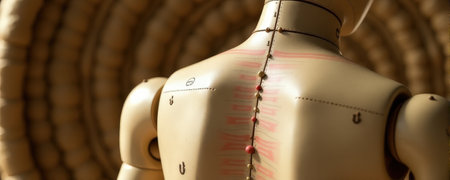 Anatomical mannequin torso with acupuncture points in spiral background.の素材