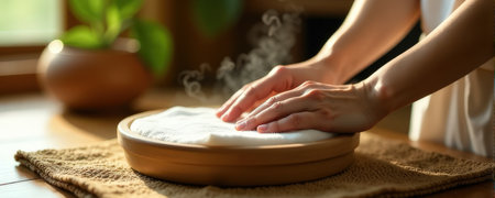 Female hands preparing steamed towels in spa setting with warm lighting.の素材