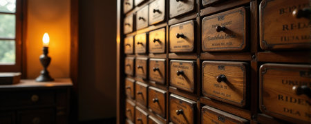 Vintage apothecary cabinet with wooden drawers and warm lighting.の素材