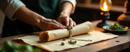 Caucasian female preparing culinary dish with herbs in rustic kitchen setting.の素材