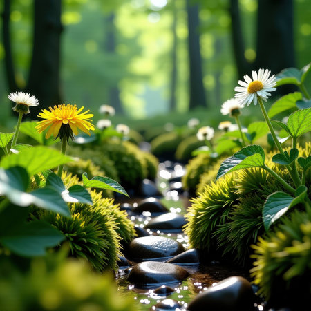 Sunlit forest stream with wildflowers and mossy rocks in springtime morning.の素材
