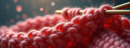 Close-up of pink yarn knitting on needles in soft focus with bokeh lights.の素材