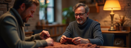 Elderly caucasian male and young adult male knitting together in cozy room.の素材