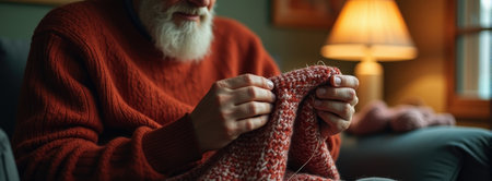 Elderly caucasian male knitting in cozy room with warm lighting.の素材