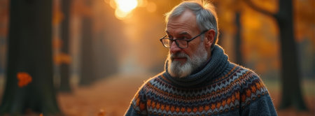 Elderly caucasian male in autumn forest with glasses and sweater.の素材