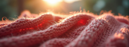 Close-up of cozy pink knitted fabric with warm sunset glow in background.の素材