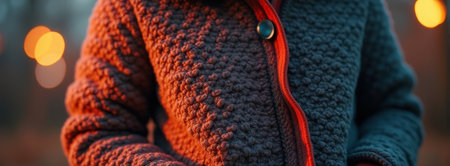 Cozy wool jacket at sunset with warm lighting.の素材