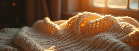 Cozy knitted blanket in warm sunlight illuminating a peaceful room.の素材