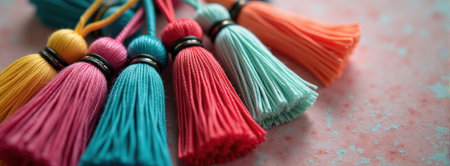 Colorful assortment of decorative tassels on pink surface.の素材