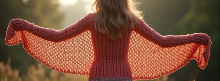 Caucasian female in pink knit sweater at sunset in nature.の素材