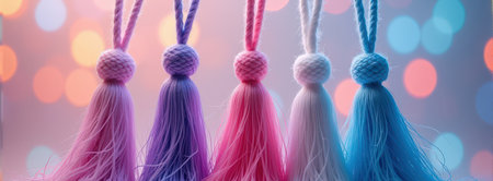 Colorful hanging tassels against soft bokeh background.の素材