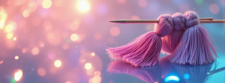 Pastel pink yarn with tassels and knitting needle on reflective surface with bokeh lights.の素材