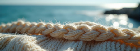Sunlit braided rope on soft knit fabric by the ocean.の素材