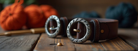 Rustic leather belt with ornate buckle on wooden table with yarn and crochet hook.の素材