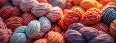 Colorful yarn skeins in warm lighting: red, blue, purple, and orange textures.の素材