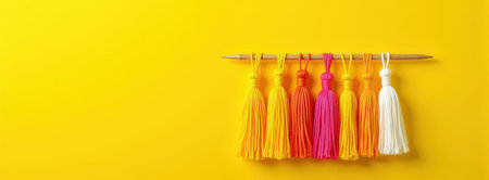 Colorful tassels on wooden knitting needle with yellow background.の素材