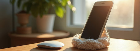 Smartphone in knitted cozy with wireless mouse on sunlit wooden desk.の素材