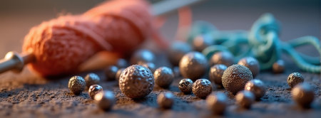 Close-up of textured beads with knitting needles and yarn on fabric surface.の素材