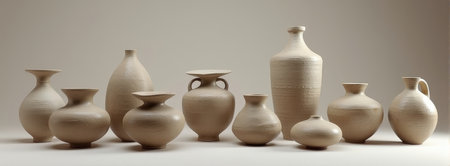 Collection of rustic clay pottery vases of varying shapes and sizes.の素材