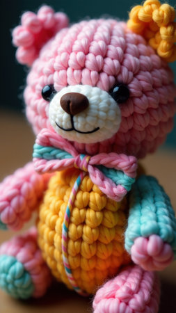 Colorful crochet teddy bear with bowtie.の素材