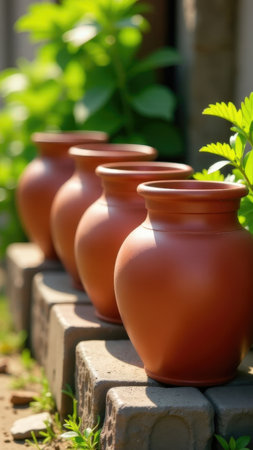 Sunlit terracotta vases in garden setting with lush greenery.の素材
