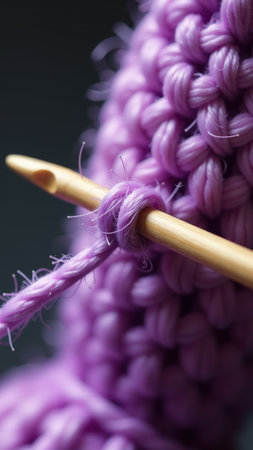 Close-up of knitting project with bamboo needle and purple yarn.の素材