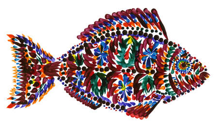 Colorful hand-painted fish on white backgroundの写真素材