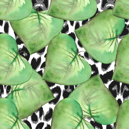Green leaves of petunia seamless pattern on color backgroundの写真素材