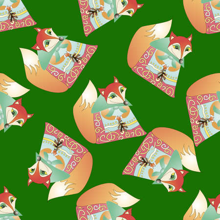 Vector seamless pattern with fox on green backgroundのイラスト素材