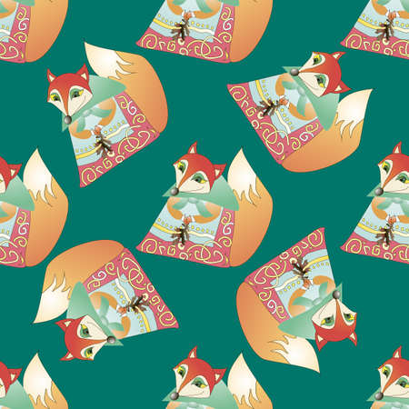 Seamless background.Vector pattern with cartoon fairy fox.のイラスト素材