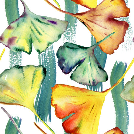 Watercolor Ginkgo Biloba leaves. Seamless Pattern.の写真素材