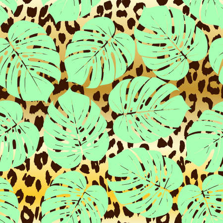 Tropical summer seamless pattern. Tropical  tropical leaves at Animal leopard background. Vector illustrationのイラスト素材