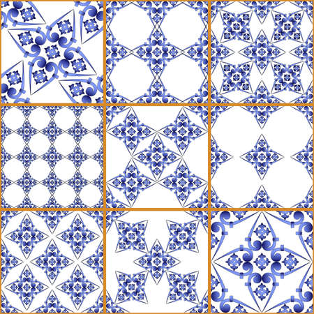 Seamless patchwork tile. Majolica pottery tile. Portuguese and Spain decor. Ceramic tile in talavera style. Vector illustration.  Abstract seamless patchwork pattern with geometric and floral ornamentのイラスト素材