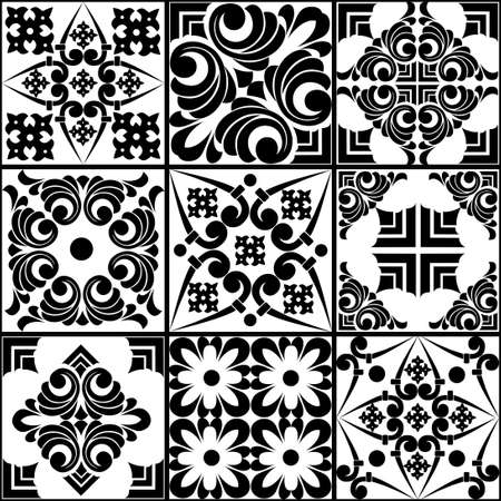 Seamless patchwork tile. Majolica pottery tile. Portuguese and Spain decor. Ceramic tile in talavera style. Vector illustration.  Abstract seamless patchwork pattern with geometric and floral ornamentのイラスト素材