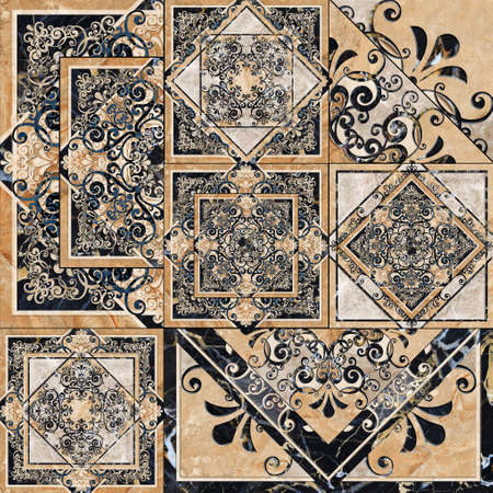 Digital tiles design. 3D rendering Colorful ceramic wall and floor tiles. Abstract damask patchwork pattern with geometric and floral ornaments.の写真素材