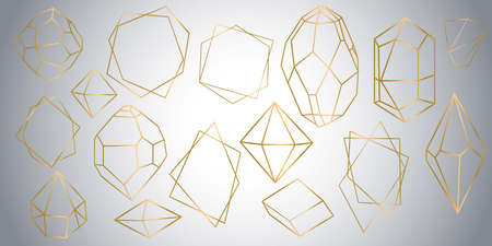 Vector set of golden luxury crystal diamonds shapes.Border Collection for Card.Geometric Premium Glitter Background, Polygon mosaic shape amethyst gem quartz stone line art style. Vector illustrationのイラスト素材
