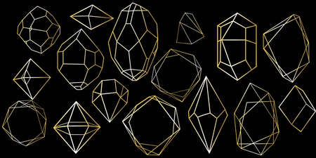 Vector set of golden luxury crystal diamonds shapes.Border Collection for Card.Geometric Premium Glitter Background, Polygon mosaic shape amethyst gem quartz stone line art style. Vector illustrationのイラスト素材