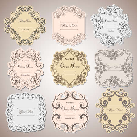 Vintage labels frames art-deco vector image. Vector damask vintage baroque scroll ornament swirl. Victorian monogram heraldic shield swirl. Retro floral leaf pattern border foliage antique acanthus. Vector illustrationのイラスト素材