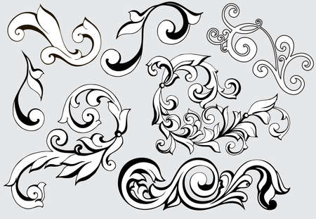 Vector damask vintage baroque scroll ornament swirl. Victorian monogram heraldic shield swirl. Retro floral leaf pattern border foliage antique acanthus calligraphy engraved tattoo. Tile decor element. Vector illustrationのイラスト素材