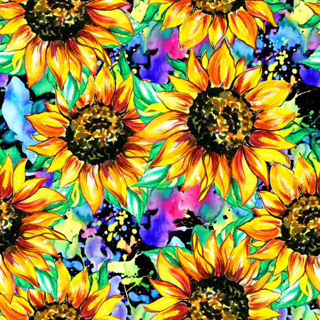 Watercolor sunflower background. Seamless pattern. High quality photoの写真素材
