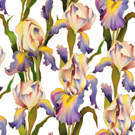 Bright hand-painted watercolor flowers of Iris. Seamless pattern.の写真素材