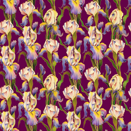 Bright hand-painted watercolor flowers of Iris. Seamless pattern.の写真素材