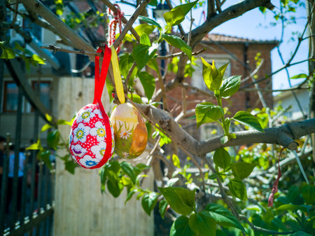 Easter Eggs on the trees. Traditional bulgarian national decoration for Easter. high quality photoのeditorial素材
