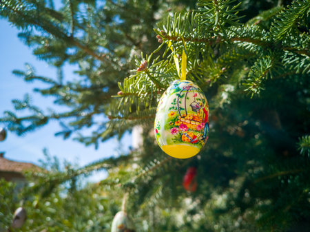 Easter Eggs on the trees. Traditional bulgarian national decoration for Easter. high quality photoのeditorial素材